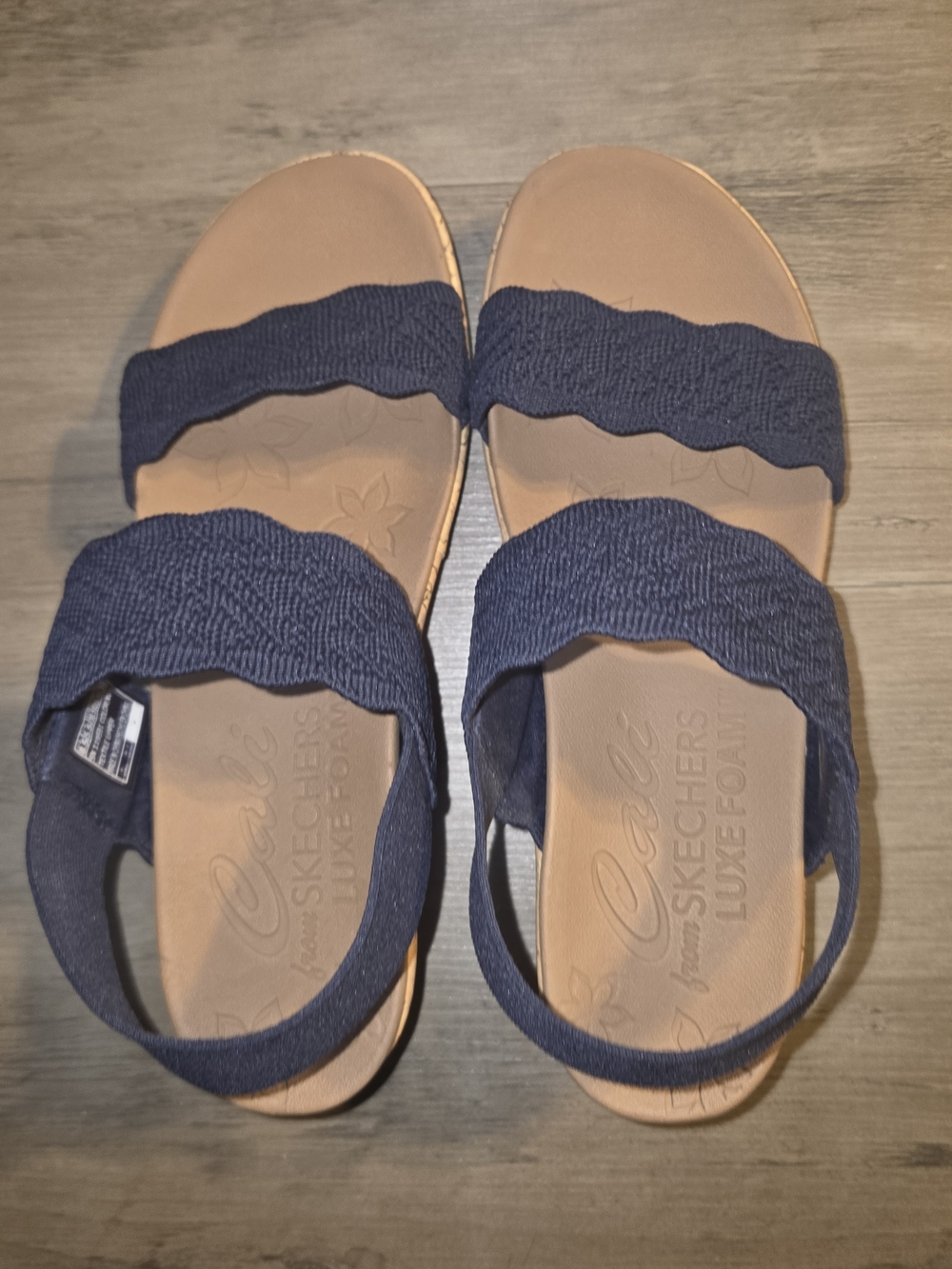 Skechers Navy Elastic Dual-Strap Wedge Sandals with Tan Footbed